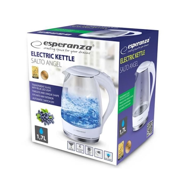 Vattenkokare - ESPERANZA - SALTO ANGEL - 1,7 L - 2200 W - Vitt glas Vit