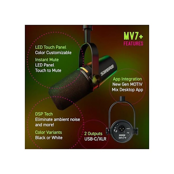 Mikrofon - SHURE - MV7+ - USB-C og XLR - Hybrid - Sort Svart
