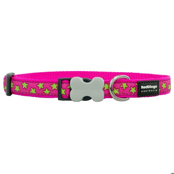Hundehalsbånd - Red Dingo - Lyserøde stjerner på grøn bund - Justerbar længde 20-32 cm - Bredde 12 mm