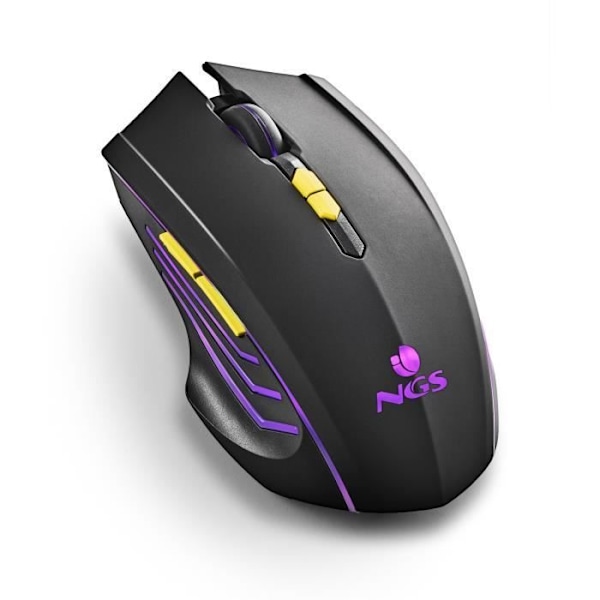 NGS GMX-200: Trådløs gamingmus med LED-lys. Genopladeligt batteri. 6 knapper. 800-1200-2400-3200 DPI. Ergonomisk. Plug.
