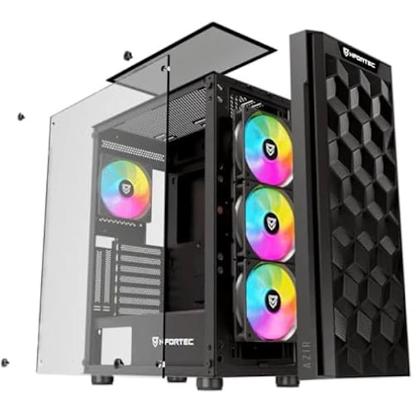 Nfortec - AZIR Mid Tower Gaming PC Case (ATX), 4x 120 mm ARGB fans inkluderet, front mesh, hærdet glas sider, sort