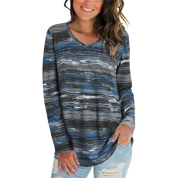 Långärmad avslappnad blus med V-ringning för kvinnor - Märke - Modell - Randig - Tie-dye - Grå Grå XXL