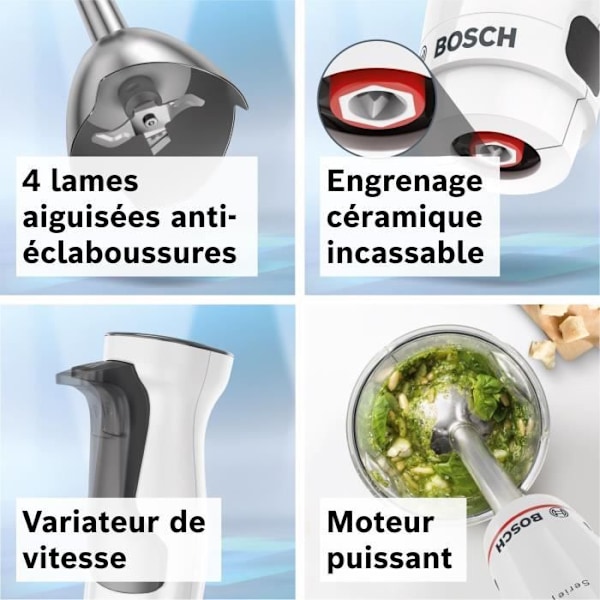 Stavblender - BOSCH - MSM4W221 - 600 W - 4 skarpe knive - Røreskål - Minihakker - Piskeris - Keramisk gear svart och klar