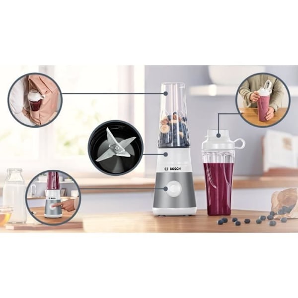 Miniblender BOSCH VitaPower Serie 2 MMB2111T - 0,8 L røreskål - 4 skarpe knive i rustfrit stål - Høj blandehastighed - Sølv vitt och grått