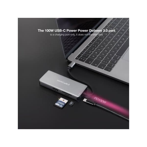 USB-C-hub - Nanofil - 16.10.1009 - 4K Ultra HD - 100W - Grå aluminium