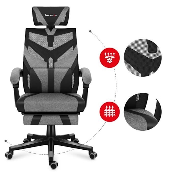 HUZARO COMBAT 5.0 Grå spelstol, justerbar höjd, kontorsstol, svankstöd, fotstöd, nackstöd, speldator svart grå
