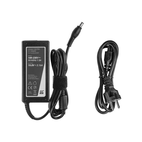 Lader Green Cell PRO 60W 19V 3.16A til Samsung R40 R45 R519 R719 RV510 NP270E5E NP275E5E NP300E5A NP300E5E NP300E5C NP300E7A sort