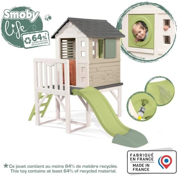 Smoby Life - Højhus med rutsjebane - Ny farve - Platform 70cm - Anti-UV - Fremstillet i Frankrig Bige, grå och grön