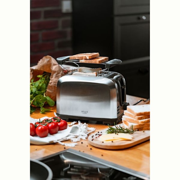 Brødrister 2 Skiver, 2 Slots, 3 Funktioner, 7 Ristningsniveauer, Rustfrit Stål Adler AD3222 1000W Sølv 02178