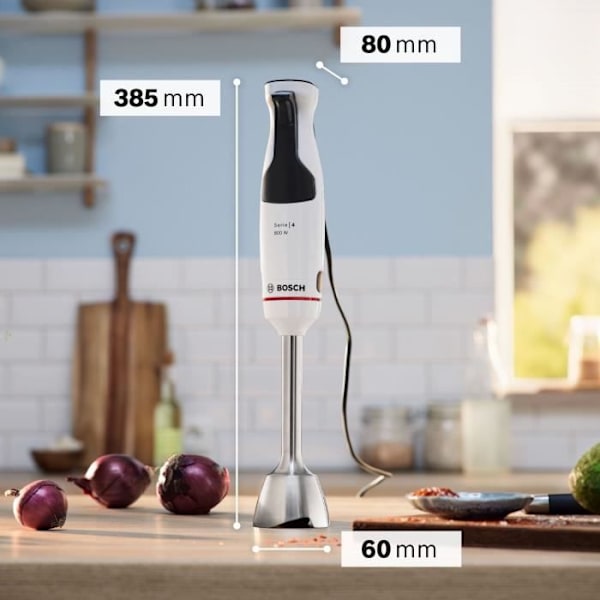 Stavblender - BOSCH - MSM4W221 - 600 W - 4 skarpe knive - Røreskål - Minihakker - Piskeris - Keramisk gear svart och klar