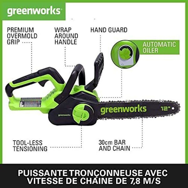 "Motorsav - GREENWORKS - GD24CS30K4 - 24V Batteri - Bürstefri Motor - 30 cm"