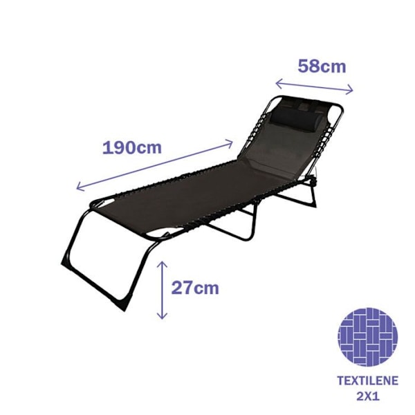 Svart hopfällbar solstol i aluminium |Trädgårdsstol för utomhusbruk 190 x 27 x 58 cm|fällbara solstolar utomhus - Marbueno