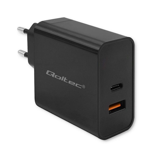 Lader - Qoltec strømadapter - 52380 - Hurtig PD-lader 1xUSB-C 1xUSB 65W 5-20V 1,5-3,25A Sort