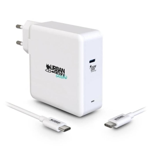 PC Urban Factory CHARGEUR 100 W USB-C GAN ECO - YSTÄVÄLLINEN LATAUSLAITE JA KAAPELI Vit