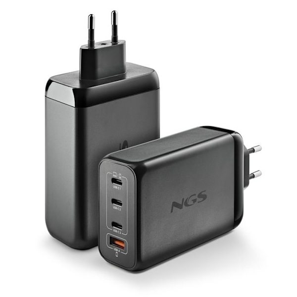 NGS BUD 240W: Universell väggadapter 240W med 4 portar: 3 USB-C + 1 USB-A. Snabb och säker laddning. Samtidig laddning. Svart.