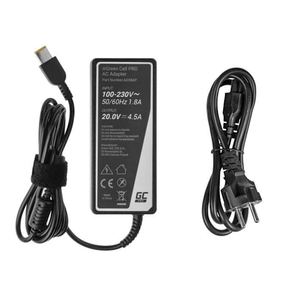 Lader Green Cell PRO 20V 4.5A 90W til Lenovo G500 G500s G510 Z51-70 IdeaPad Z510 Z710 ThinkPad T440s T460p T470p X1 Slim Tip sort