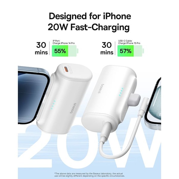 Batteri till telefon, Lightning, 20 W, 5 000 mAh, typ C-kabel - Baseus (P10068307413-00) - Vit