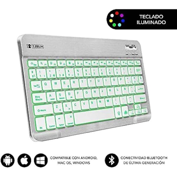 SUBBLIM Bluetooth-tangentbord med surfplattahållare SUB-KBT-SMBL30 Spansk QWERTY Svart/Vit Flerfärgad Spanska