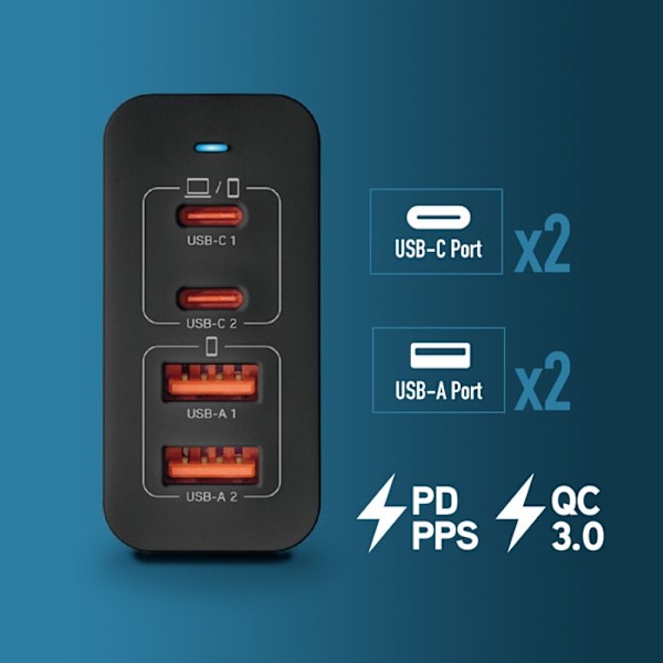 NGS BUD 100W: Universell väggladdare 100W med 4 portar: 2 USB-C + 2 USB-A. Snabb och säker laddning. Samtidig laddning.