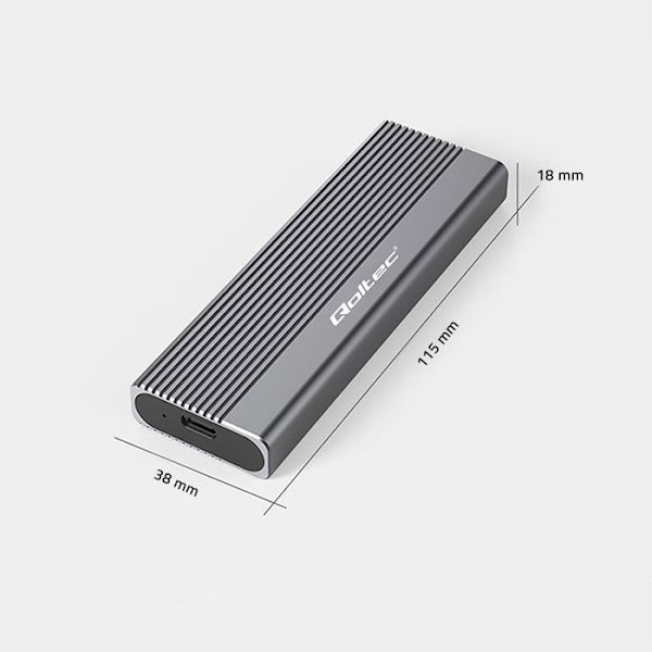 Qoltec - 52267 - Pocketcase | SSD Bay M.2 | SATA | NGFF | USB-C | Super Speed 6 Gb/s | 2 To | Grå