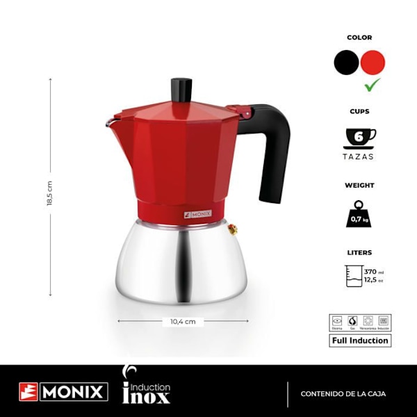 MONIX induktion rustfrit stål | Italiensk kaffemaskine i aluminium og rustfrit stål, 3 kopper, varmebestandigt håndtag, let at Röd