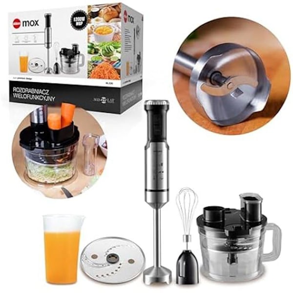 Handmixare, multifunktionell elektrisk mixer med behållare på 1,25 l och mätkopp på 700 ml, rostfri stålkniv, 12.