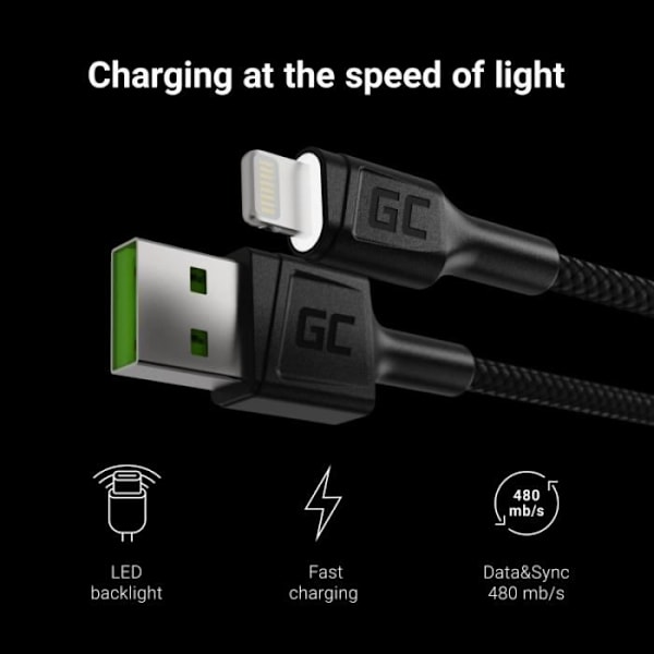 Green Cell GC Ray USB - Lightning Kabel 120cm til iPhone, iPad, iPod, Hvid LED, hurtig opladning