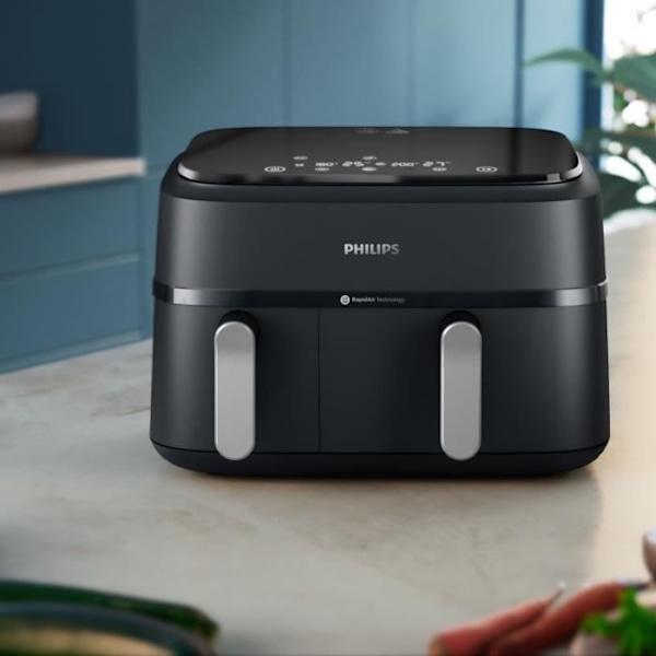 Fritøsefritter PHILIPS - Airfryer NA351/00 - Dobbelt beholder 9L - 8 tilberedningsprogrammer - 2750W Svart silver