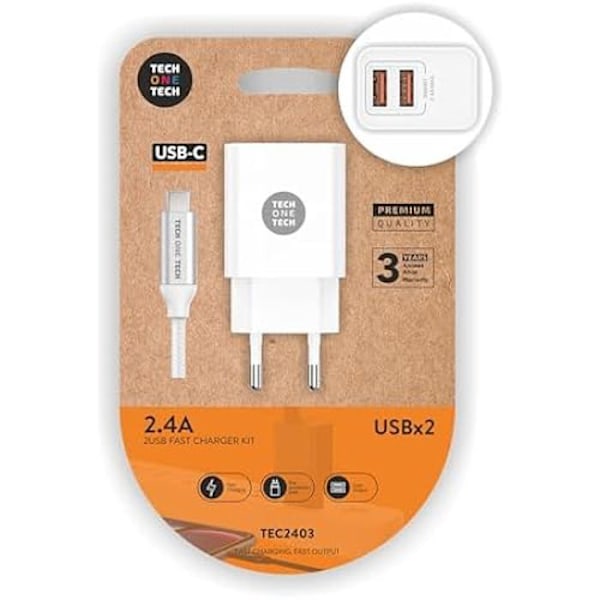 TECH ONE TECH Dobbelt oplader + Tech One Tech USB-C kabel, hvid