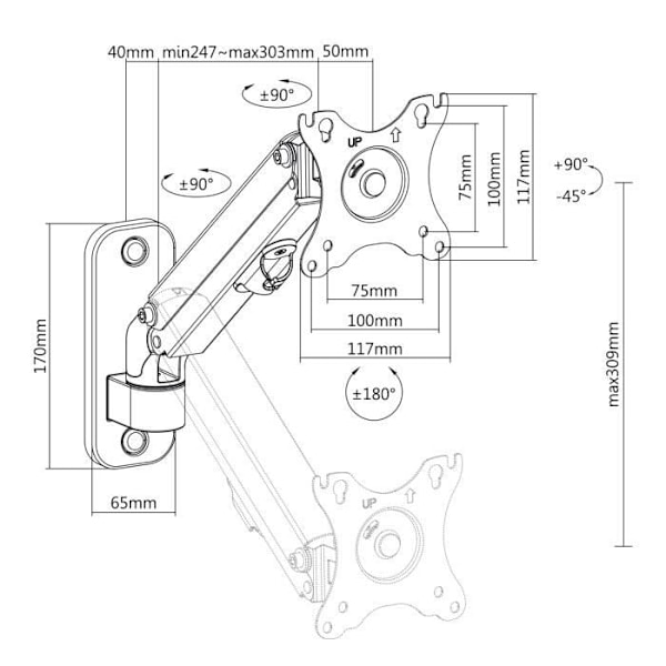 Support mural til Maclean-monitor, 17-27'', 7kg max, gasfjedersystem, MC-458