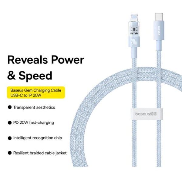USB-C - Lightning -kaapeli, Nopea Lataus 20W, 2m - Baseus Gem (P10373001311-01) - Galaksinsininen
