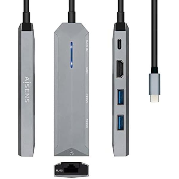 Dock USB-C 5 in 1 - AISENS - HDMI, RJ45, 2xUSB, PD - Harmaa - 15 cm