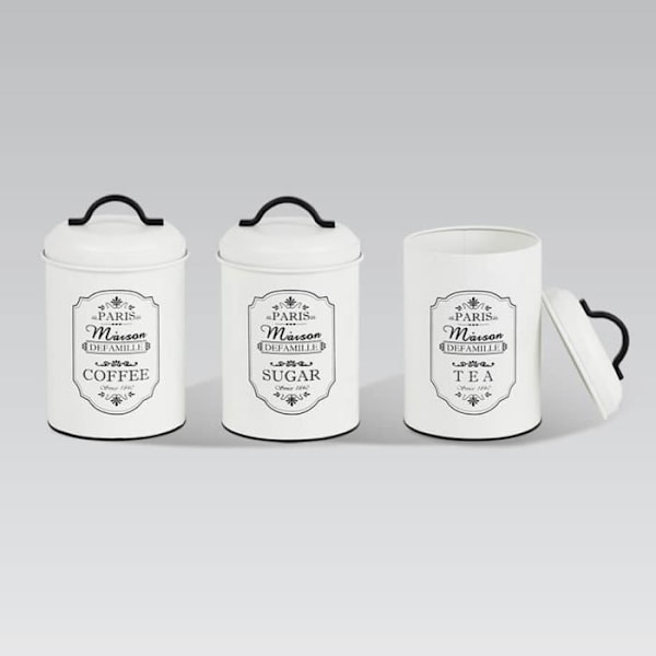 Sæt af 3 opbevaringsbokse i metal Maestro Paris Sukkerboks Kaffe Te Køkkenbeholder 3x Ø11,3 x 18,5cm Hvid/sort Vit och svart