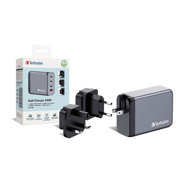 Strømadapter - Verbatim - Verbatim - Strømadapter - GaN - 240 Watt - 5 A - PD 3.0, QC 3.0, Power Delivery 3.1, PD/PPS -