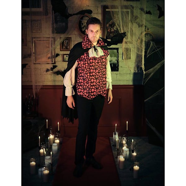 Gotisk Halloween vampyr kostume til voksne - MisterFiesta - 2 i 1 skjorte - Sorte bukser - Sort kappe Svart, Röd, Vit