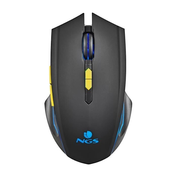 NGS GMX-200: Trådløs gamingmus med LED-lys. Genopladeligt batteri. 6 knapper. 800-1200-2400-3200 DPI. Ergonomisk. Plug. Sort, Gul