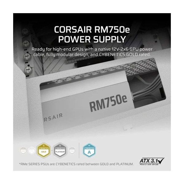 Strømforsyning PC - CORSAIR - RM750e Hvid - 750 W - ATX 3.1 - 80 PLUS Gold