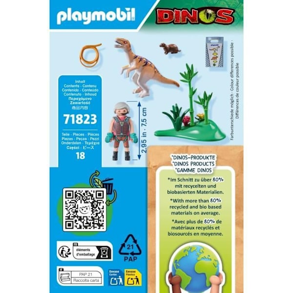 PLAYMOBIL 71823 Vélociraptor och utforskare med lasso, Dinos, 18 delar, Från 4 år Flerfärgad