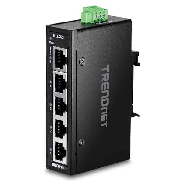 TRENDnet Mini industrielt Fast Ethernet DIN-Rail switch med 5 porte, TI-ELC50, 5 porte 10/100 Mbps, IP30 kabinet, kapacitet af Sort