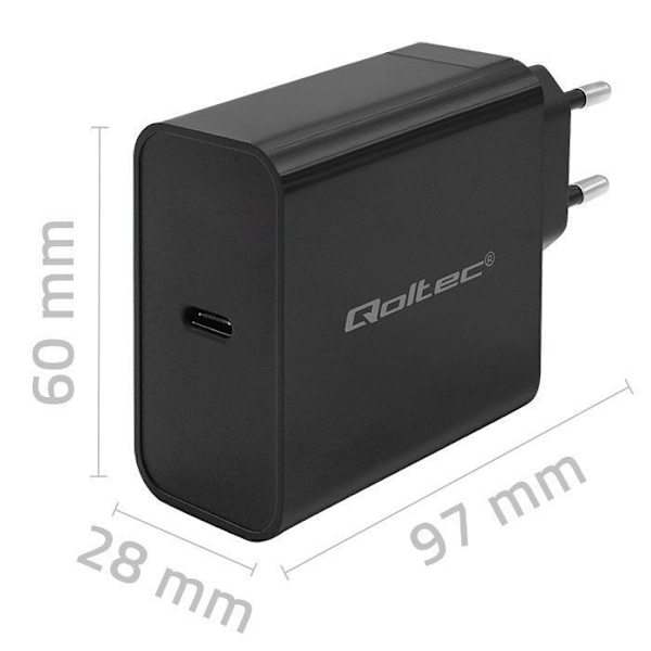 Oplader - Qoltec netadapter - 52379 - Ultra hurtig PD-oplader 1xUSB-C 65W 5-20V 3-3,25A Sort