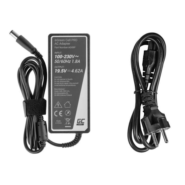 Vihreä solulaturin sovitin 19,5 V 4,62 A 90 W Dell Inspiron 15R N5010 N5110 Latitude E6410 E6420 E6430 E6510 E6520 E6530 sort