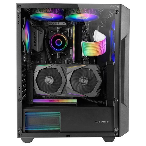 Mars Gaming MC-GEO, Gaming kabinet ATX, 4X FRGB 120cm blæsere, geometrisk mesh frontpanel, hærdet glas vindue, sort