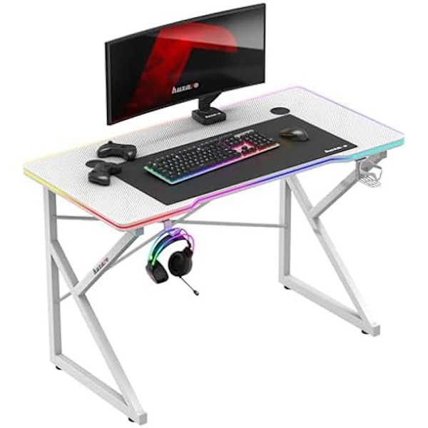Bureau gaming HUZARO Hero 1.7 RGB Vit - LED-belysning 366 lägen, Kopphållare, Hörlursstativ, Justerbara fötter Hero 1.7 RGB Vit