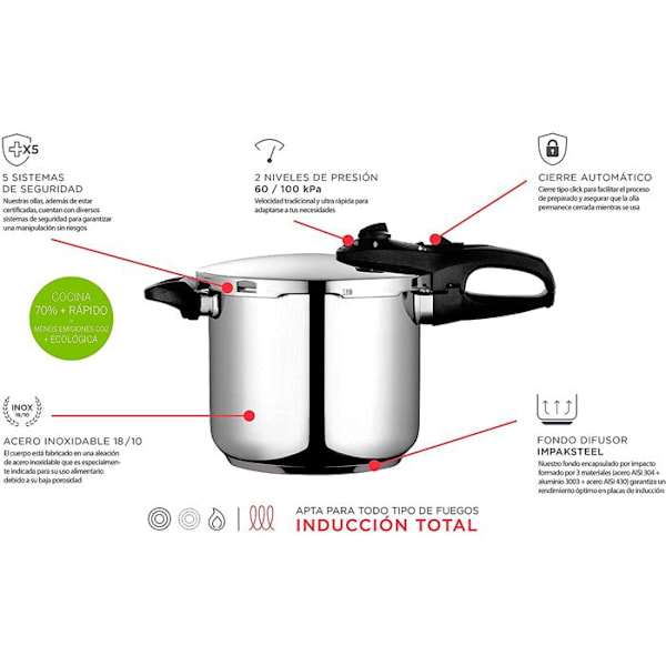 Autocuiseur 6 + 4 L, Induktion, Rostfritt Stål 18/10, 2 Trycknivåer FAGOR DUO 6/4 Silver 800048 Pengar