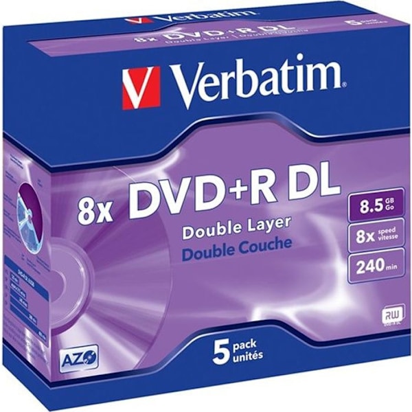DVD+R Dobbeltlag VERBATIM - 8x - 8,5 GB - 240 minutter - Pakke med 5