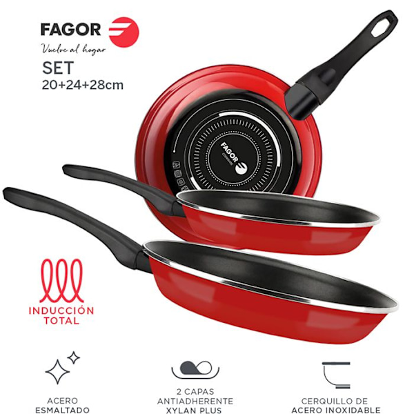 Induktionsstekpanna Set 20-24-28 cm Emaljerat Stål, Non-stick utan PFOA FAGOR Optimax Röd 01366 Röd