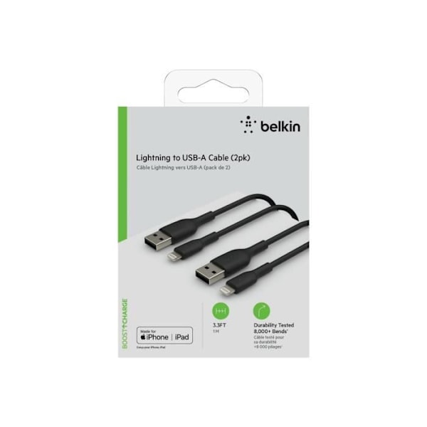 Belkin USB-A til Lightning kabelpakke med 2 - sort - 1 m