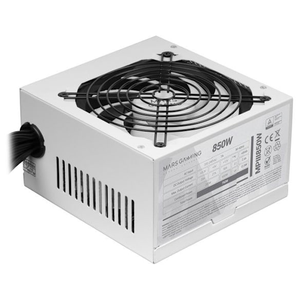 Mars Gaming MPIII850, 850W ATX pc-strømforsyning, 5 års garanti, AI-RPM Silent Technology, 85 % effektivitet, hvid