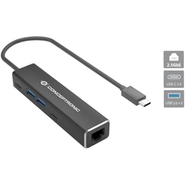 USB 3.2 Gen 1 Ethernet-sovitin - CONCEPTRONIC ABBY14B - 2,5 GbE - USB-A x 2 - USB-C x 2
