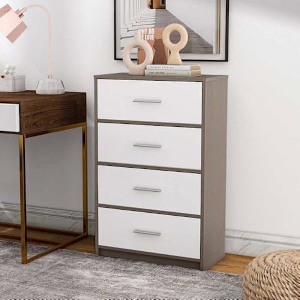 Kommode - AKTIVE - 58x30x91 cm - 4 skuffer - Moderne design - Praktisk og holdbar Grå Vit
